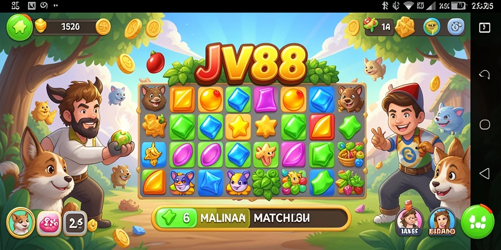 Tampilan gameplay seru dalam JV88, kombinasi warna cerah dan tantangan menarik.